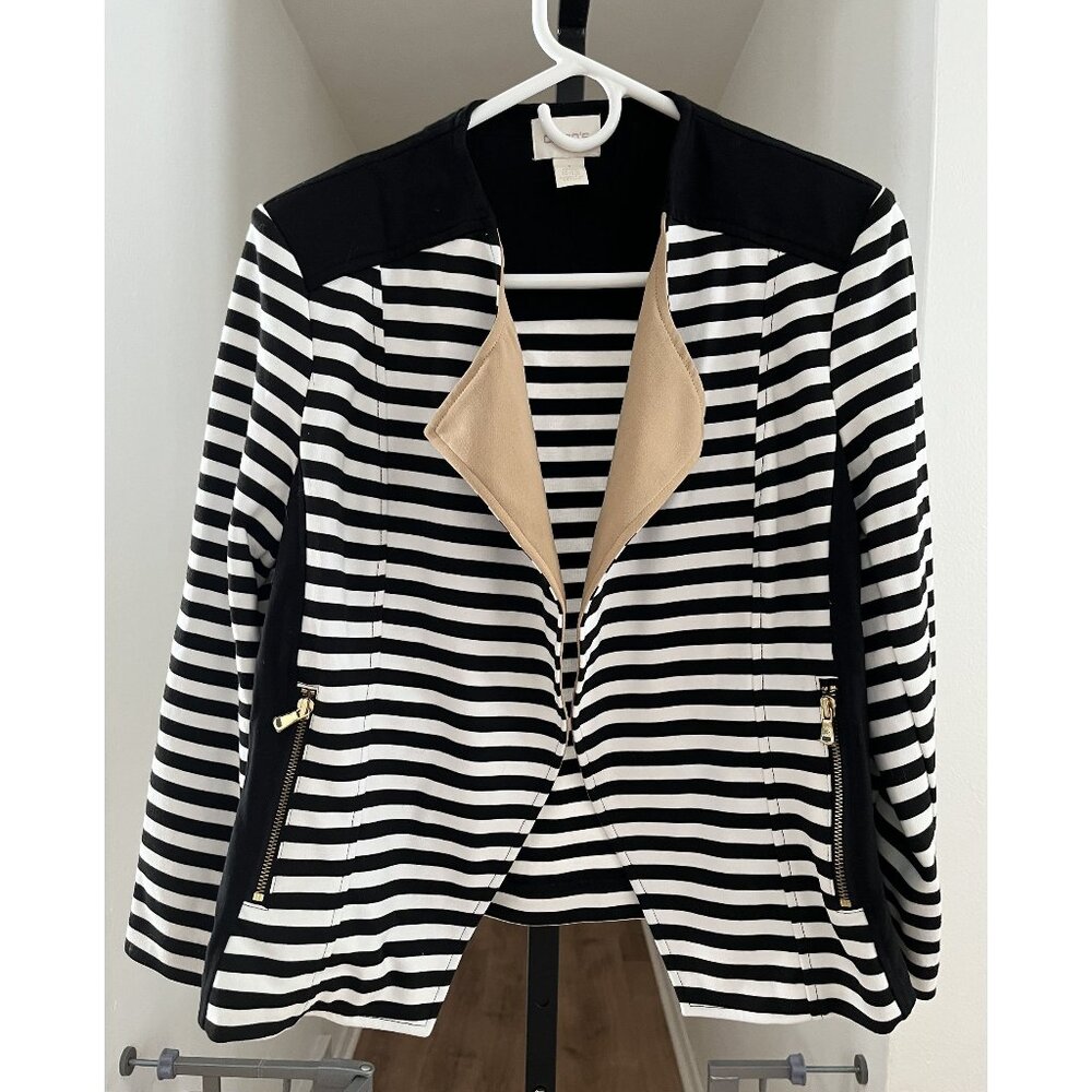 EUC Chicos Black & White Striped Open Front Blazer With Gold Zipper Accents